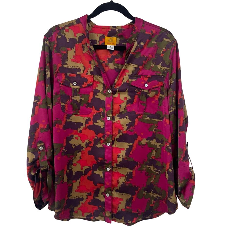 Ruby Rd V Neck Button Front Roll Tab Sleeve Multi… - image 1